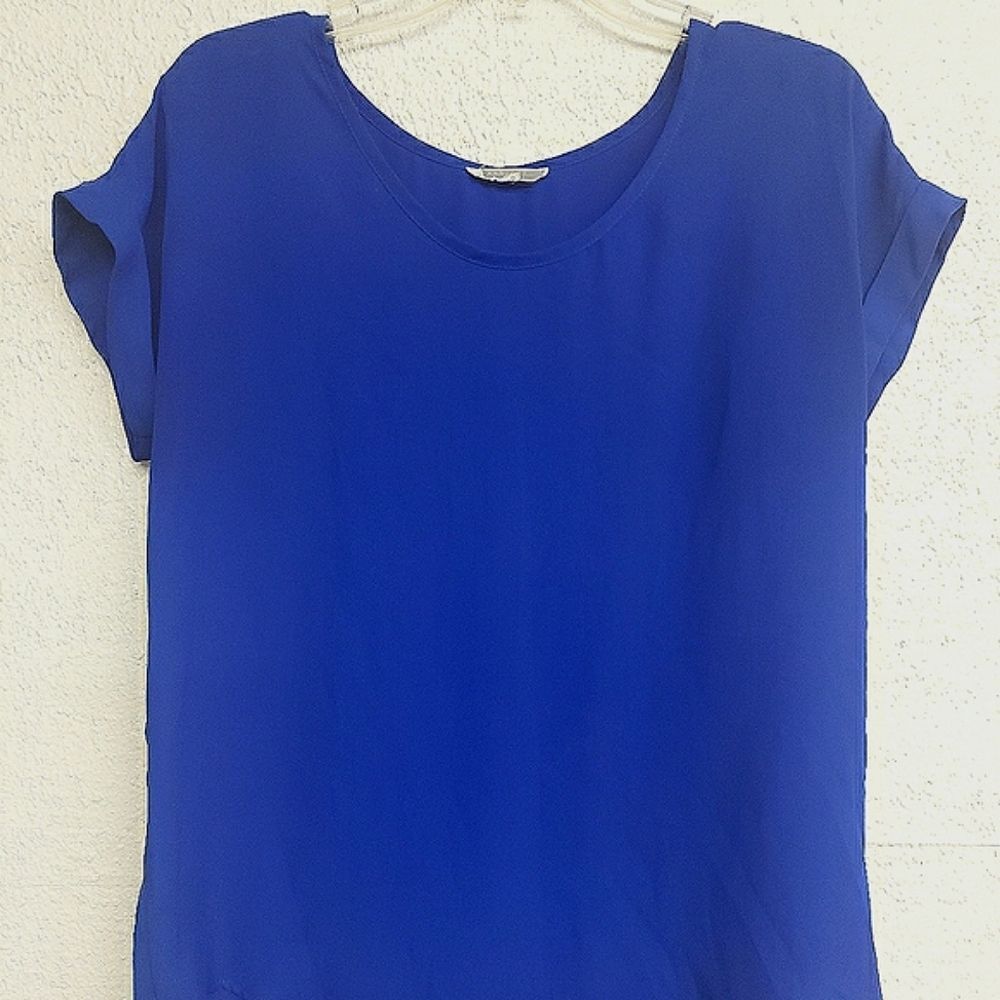 Pleione High-low sheer Blue blouse with Pleats on the Back & Sleeves Size-S